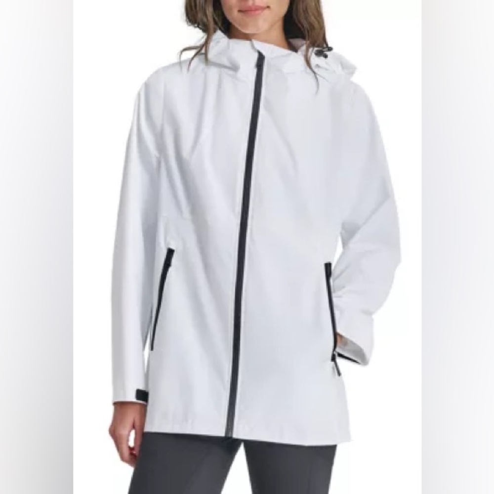 DKNY White Raincoat with Pockets Hood All Weather Jacket Size Medium